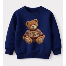 Efendioğlu Design Sweatshirt Nakış Görünümlü Kazak Giymiş Ayı Baskılı Pamuklu 3 Iplik Şardonsuz Çocuk Sweatshirt