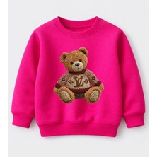 Efendioğlu Design Sweatshirt Nakış Görünümlü Kazak Giymiş Ayı Baskılı Pamuklu 3 Iplik Şardonsuz Çocuk Sweatshirt