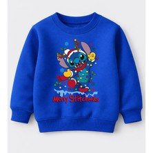 Efendioğlu Design Sweatshirt Işıklı Stitch Baskılı Yılbaşı Yeni Yıl Pamuklu 3 Iplik Şardonsuz Çocuk Sweatshirt
