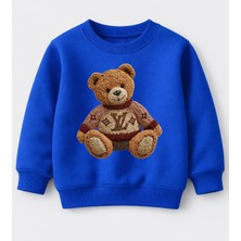 Efendioğlu Design Sweatshirt Nakış Görünümlü Kazak Giymiş Ayı Baskılı Pamuklu 3 Iplik Şardonsuz Çocuk Sweatshirt