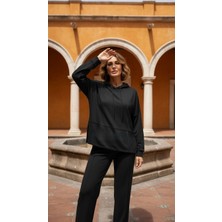 Moda Banuş Kapüşonlu Modal Kumaş Siyah Yırtmaçlı Eşofman Takımı