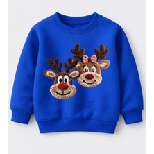 Efendioğlu Design Sweatshirt 2 Geyik Nakış Görüntü Baskılı Yılbaşı Yeni Yıl Pamuklu 3 Iplik Şardonsuz Çocuk Sweat