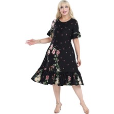 Melsay Butik Siyah Eteği Fırfırlı Sulu Pembe Çiçek Desen Cepli Kadın Elbise