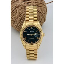 TOMRIS Tamamen Çelik, Su geçirmez, Altın Sarısı Kordon, Çift Takvimli, Siyah Kadran Kol Saati