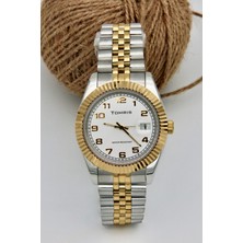 Tomris Tomrıs Tamamen Çelik, Su Geçirmez, Sarı Beyaz Kordon, Rakamlı, Siyah Kadran Kol Saati