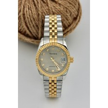 Tomris Tomrıs Tamamen Çelik, Su Geçirmez, Sarı Beyaz Kordon, Krem Kadran Kadın Kol Saati