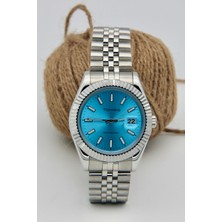 Tomris Tomrıs Tamamen Çelik, Su Geçirmez, Gümüş Kordon, Açık Mavi Kadran Çizgili Erkek Kol Saati