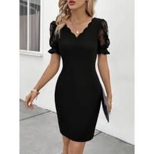 Melen Moda Kadın Kısa Kollu Dantelli V Yakalı Yanlardan Büzgülü Çapraz Detaylı Ithal Krep Elbise