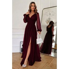 Melen Moda Kadın Uzun Kollu Kruvaze Yakalı Belden Kuşaklı Tüllü Uzun Ithal Krep Elbise