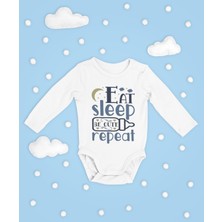 Sevbano Eat Sleep Be Cute Repeat ! Yazılı Pamuklu Yumuşak Unisex Çıtçıtlı Uzun Kollu Body Zıbın