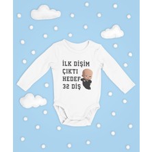 Sevbano Ilk Dişim Çıktı Hedef 32 Diş ! Yazılı Pamuklu Yumuşak Unisex Çıtçıtlı Uzun Kollu Body Zıbın