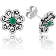 Skygo 925 Ayar Gümüş Yeşil Telkari Çiçek Çivili Küpe