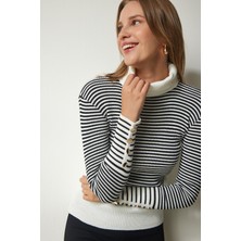 Happiness İstanbul Çizgili Düğme Detaylı Triko Kazak LDD0055 Ekru Siyah