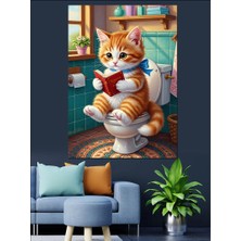 Artmeg Tuvalette Kitap Okuyan Kedi Dekoratif Kanvas - Mdf Ahşap Tablo