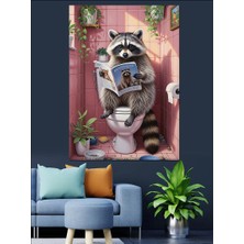 Artmeg Tuvalette Okuyan Rakun Resmi Dekoratif Kanvas - Mdf Ahşap Tablo