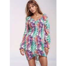 Mamayaga Kadın V Yaka Uzun Kol  Desenli Ayarlanabilir Eteği Büzülen Vücudu Saran Spor Şık Curve Elbise