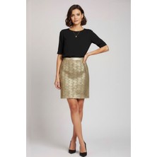 Deriderim Çiçekli Yaldız Kadın Deri Etek