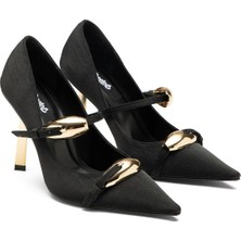 Dedos Kadın Yüksek Topuklu Çift Tokalı Sivri Burun Simli Saten Abiye Ayakkabı 305