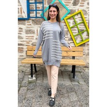 Asimetrik Çizgili Triko Tunik Kazak - Gri