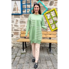 Asimetrik Çizgili Triko Tunik Kazak - Fıstık Yeşil