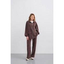 Basic Park Kahverengi Kadın Bel Lastik Detaylı Cepli Fermuar Kapamalı Oversize Modal Alt Üst Takım
