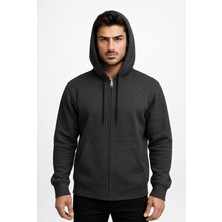 Axxel Erkek Antrasit Fermuarlı Kapüşonlu Sweatshirt 3 Iplik ŞARDONLU-W590
