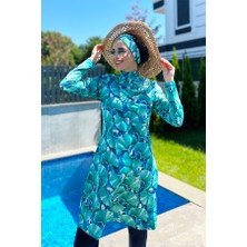 Remsa Mayo Remsa Tasarım Tam Kapalı Tesettür Mayo Koyu Lacivert Desenli Polyester Karışımlı Yazlık 5XL R039