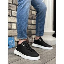 Ebrus Trend ET0331 Bağcıklı Erkek Yüksek Taban Cilt Siyah Beyaz Taban Spor Ayakkabı