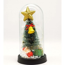 Hediye Sandalı Yılbaşı Temalı Işıklı Dekoratif Cam Fanus - Kar Küresi Efektli Mini Çam Ağacı ve Noel Baba Figürlü Cam Fanus  (21 Cm)