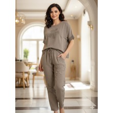 Kadın Papatya ve Yıldız Desenli File Detaylı Kısa Kol Keten Kombin (Bluz ve Pantolon)