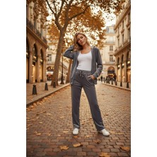 Seviliko Kadın Büyük Beden Kapüşonlu Fermuarlı Cepli Kadife Eşofman Takımı