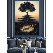 Karizma Tablo Ağaç Kökü Pusula Çizimi Dekoratif Kanvas - Mdf Ahşap Tablo