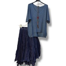 Kadın Pamuklu Astarlı Etek ve Kolyeli Merserize Bluz Kombin