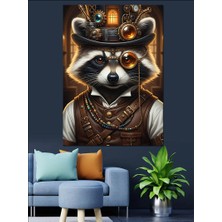Karizma Tablo Steampunk Tarzı Rakun Çizimi Dekoratif Kanvas - Mdf Ahşap Tablo