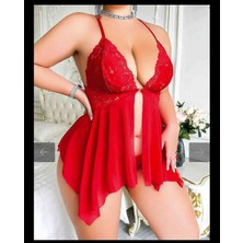 ELEANA Büyük Beden Dantel Işlemeli Fırfırlı Dekolteli Fantezi Tül Kırmızı Gecelik