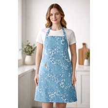 Buem Shop Aqua Flora Likralı Pamuklu Denim Mavi Çiçek Desenli Mutfak Önlüğü