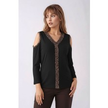 Mamayaga Kadon Omzu Açık Truvakar Kol Leopar Biyeli Rahat Kalıp Spor Şık Bluz