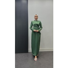Tesettür Diyarı Yandan Bağlamalı Saten Abiye-Yeşil