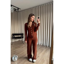 Sue Store Kahve Gold Düğmeli Bluz Pantolon Soft Touch Takım