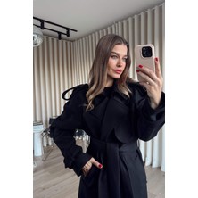 Sue Store Siyah Kruvaze Astarlı Apolet Detaylı Kemerli Yün Kaban