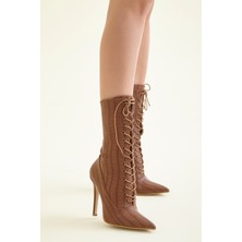 Ayakkabı Prensi Nemesis Bağcıklı Taba Kroko 10 cm Kadın Bot & Bootie, Topuklu Ayakkabı