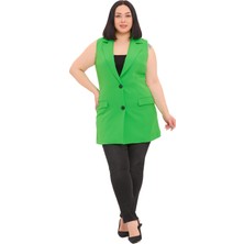 Disentis Modest Büyük Beden Düğmeli Kapaklı Cepli Astarlı Uzun Yeşil Yelek