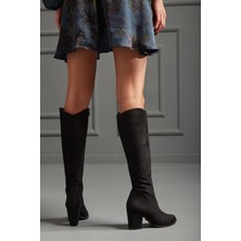 Ayakkabı Prensi Zeyna Siyah Suet 8 cm Kadın Çizme, Topuklu Çizme Suet