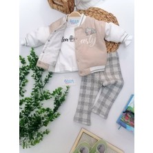 Genel Ekose Pantolon Krem Şişme Montlu 3'lü Takım Krem - 12-18 Ay