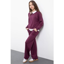 Cansın Mini Bordo Taş Detaylı  Pantolonlu Kız Çocuk 3lü Gömlekli Takım  23479