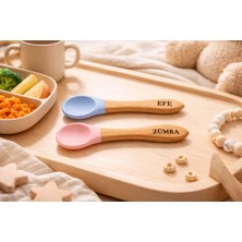 Kişiye Özel Isimli Slikon Uçlu Bebek Yemek Mama Kaşığı %100 Ahşap Organik