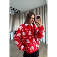 Sue Store Kırmızı Beyaz Çam Ağaçlı Triko Kazak