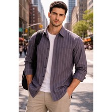 Varetta Erkek Mürdüm Çizgili Gömlek Uzun Kollu Geniş Kesim Günlük Gömlek