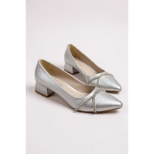 Modayak Zarif Gümüş Kare Düşük Topuk Sivri Burun Topuklu Ayakkabı