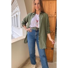 Kadın Komple Düğmeli Keten Pamuk Gömlek Oversize